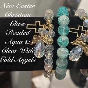 NEW CHRISTIAN AQUA CLEAR BEADED BRACELETS WITH CROSSES & ANGELS CHARMS 4PC SET